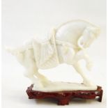 20th century Chinese carved jade model of a horse on stand, with presentation box