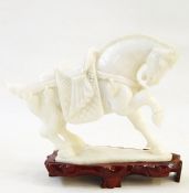 20th century Chinese carved jade model of a horse on stand, with presentation box