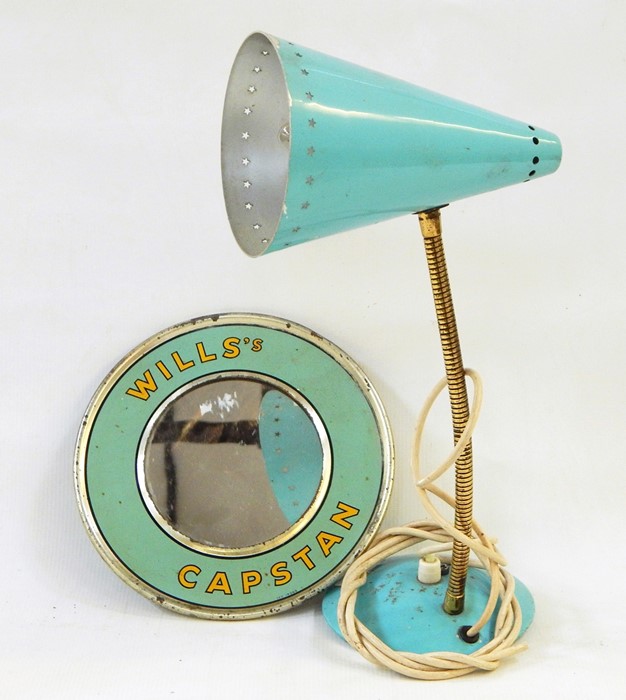 Will's Capstan circular advertising mirror, an early 20th century table light, a Burnham hair