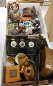 Two boxes of assorted items to include opera glasses, desktop inkstand, brass letter holder, etc (