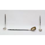 Late Victorian silver toddy ladle with circular gadrooned and rosebud repousse bowl, having