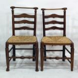 Set of six Macclesfield ladderback chairs with turned top rail, shaped ladderbacks, rush seated,