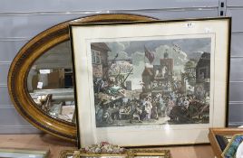 Colour print after William Hogarth, "Southwark Fair" and a bevelled edge oval mirror within a