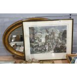 Colour print after William Hogarth, "Southwark Fair" and a bevelled edge oval mirror within a