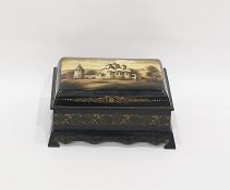 Large Russian Fedeskino lacquer box handpainted and signed to bottom left, featuring traditional