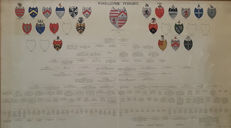 Pen, ink and wash with prints "Woollcombe Pedigree", with armorial bearings and "Boyce Pedigree" (2)