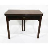 19th century mahogany fold-over tea table with single drawer, raised upon moulded legs, 95cm x 74.