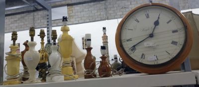 Large replica wall clock marked 'Knights-Gibbons, London' and various alabaster and other table