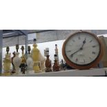 Large replica wall clock marked 'Knights-Gibbons, London' and various alabaster and other table