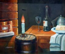 A Warner  Oil on canvas  Still life with wine glas