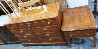 20th century yew chest with canted corners, reeded pilasters, seven assorted drawers, to bracket