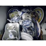 Quantity of blue and white ceramics, seriesware plate, chamber pot, Staffordshire 'Chefware' jug,