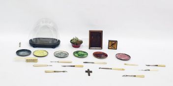 Miniature glass dome on hardwood base, a set of six copper and enamel pin dishes, a marquetry inlaid