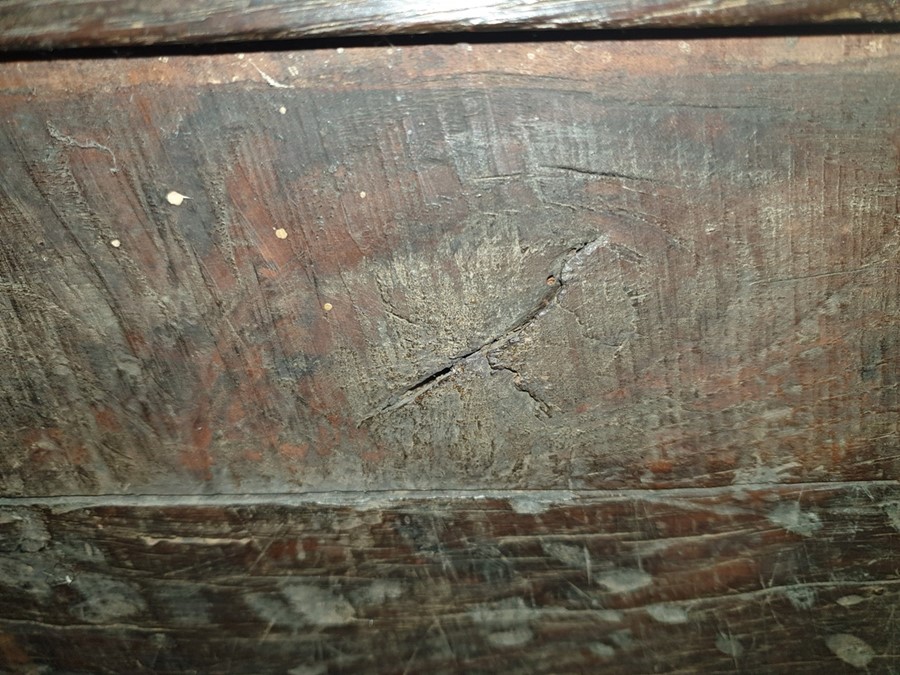 Possibly 17th century oak coffer, the rectangular top with moulded edge, opening to reveal iron - Image 3 of 7