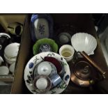 Roslyn china 'Moss Rose' part tea service, blue and white meat plate, a copper kettle, vases, etc (2