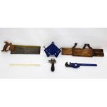 Assorted hand tools to include moulding plane stamped Howey and C Taylor, a box saw, wrench, etc and