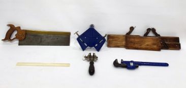 Assorted hand tools to include moulding plane stamped Howey and C Taylor, a box saw, wrench, etc and