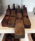 Four vintage wooden jack planes, 12 piece pipe fitting set, Weller soldering iron, three other boxed
