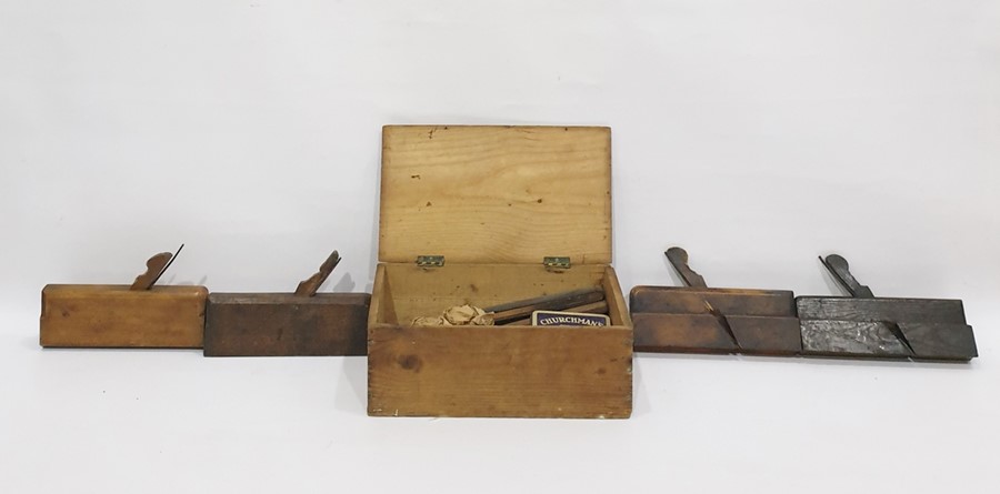 Large collection vintage wooden moulding planes and small wooden box containing chisels and bits and