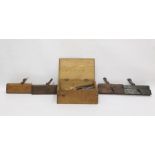 Large collection vintage wooden moulding planes and small wooden box containing chisels and bits and