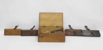 Large collection vintage wooden moulding planes and small wooden box containing chisels and bits and