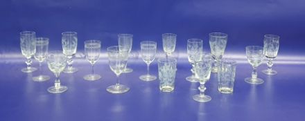Assorted 19th century and later glassware to include wines with etched decoration, floral