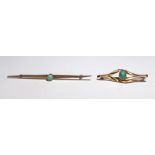 9ct gold and turquoise double-twist pattern bar brooch set single oval cabochon stone and another