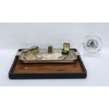 London Clock Company mantel clock, the glass body facet cut, raised upon a glass base, a treen