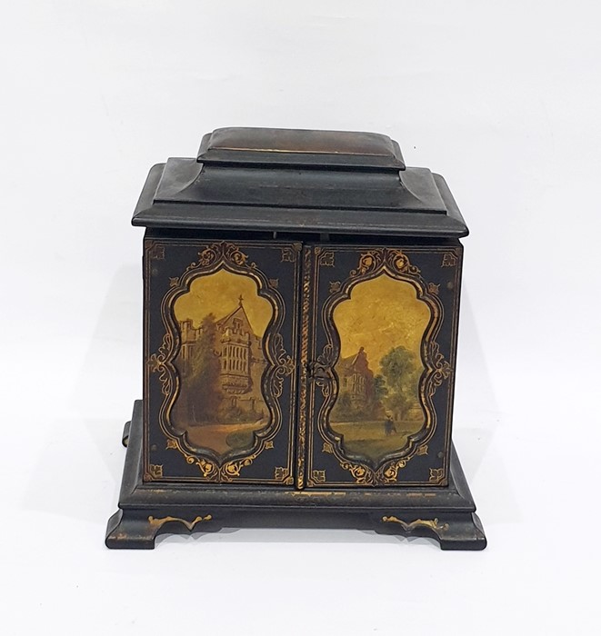 Victorian lady's workbox, the moulded black lacque