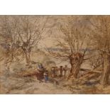 Thomas Creswick (1811-1869) Watercolour drawing Woman and child on a coastal country track, signed