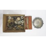 Silver plated salver with engraved decoration, various silver plated mugs, a set of silver plated