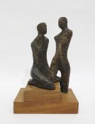 After J R Brown 'Adoration' bronze, study of two figures raised upon mahogany two-step base, both