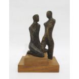 After J R Brown 'Adoration' bronze, study of two figures raised upon mahogany two-step base, both