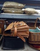 Various vintage leather cases including Gladstone bag, large document satchel, a small leather trunk