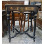 Victorian ormolu mounted inlaid and ebonised side table, the shaped top with pair drop D-ends, all
