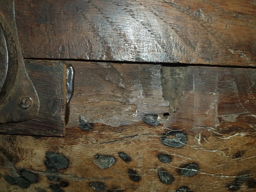 Possibly 17th century oak coffer, the rectangular top with moulded edge, opening to reveal iron - Image 7 of 7