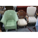Five assorted chairs to include Loom style green painted chair, mahogany framed salon chair, etc (5)