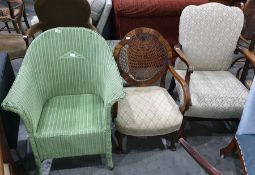 Five assorted chairs to include Loom style green painted chair, mahogany framed salon chair, etc (5)