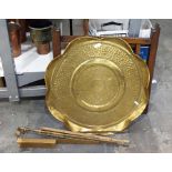 Revolving tray-top table, the brass tray with crimped edge and beaten decoration and a music stand (