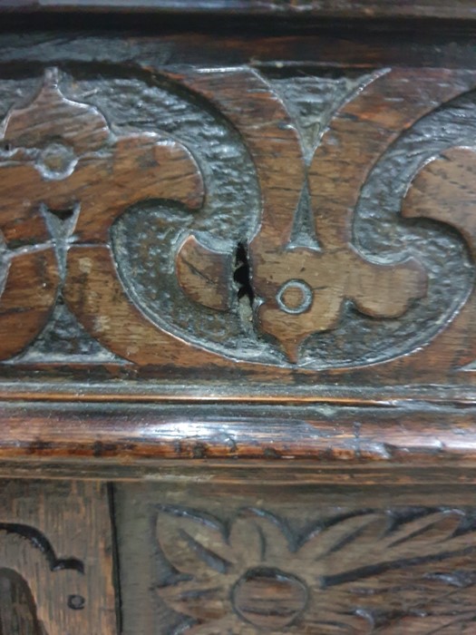 Possibly 17th century oak coffer, the rectangular top with moulded edge, opening to reveal iron - Image 6 of 7