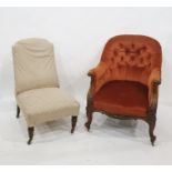 Early Victorian low button back salon chair, the acanthus carved hand rests above the serpentine-
