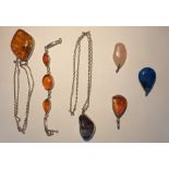 Silver-mounted amber pendant with rib twist pattern chain necklace, silver-mounted amber bracelet