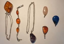 Silver-mounted amber pendant with rib twist pattern chain necklace, silver-mounted amber bracelet