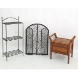 20th century commode, a metal three-tier rack and a fire screen (3)