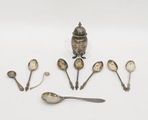 Silver pepperette, a set of six silver teaspoons by Atkin Brothers, Sheffield 1896 with twisted