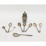 Silver pepperette, a set of six silver teaspoons by Atkin Brothers, Sheffield 1896 with twisted