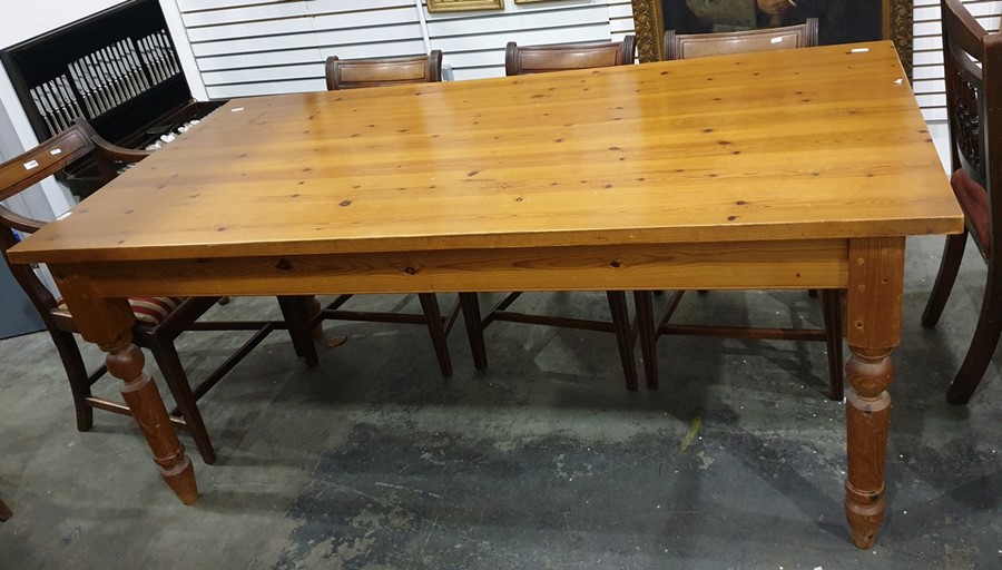 20th century rectangular pine dining table on turned supports