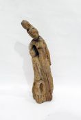 Early carved treen figure group of three figures of female form with toddler standing at feet, 43cm