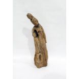 Early carved treen figure group of three figures of female form with toddler standing at feet, 43cm