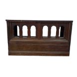 Oak alter-type table in the Gothic taste, with arched frontage revealing open recess behind,